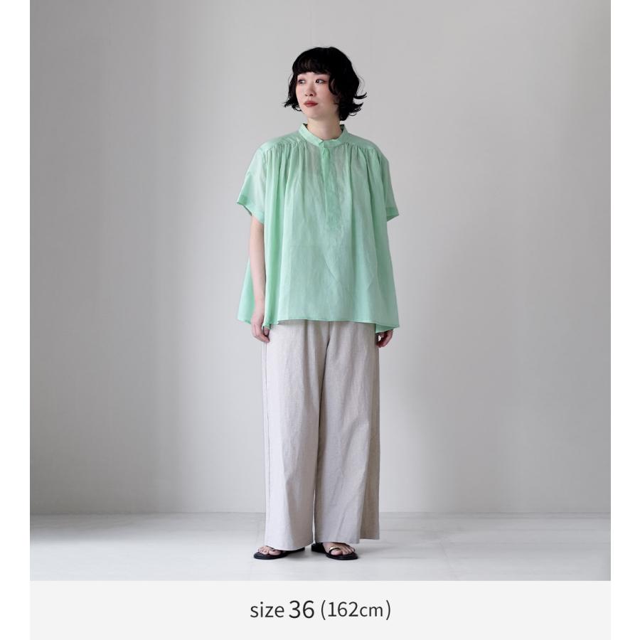 LE GLAZIK（ル グラジック） ラミー ギャザーショートシャツ / レディース ブラウス 半袖 フレア 麻 ノーカラー バンドカラーの画像