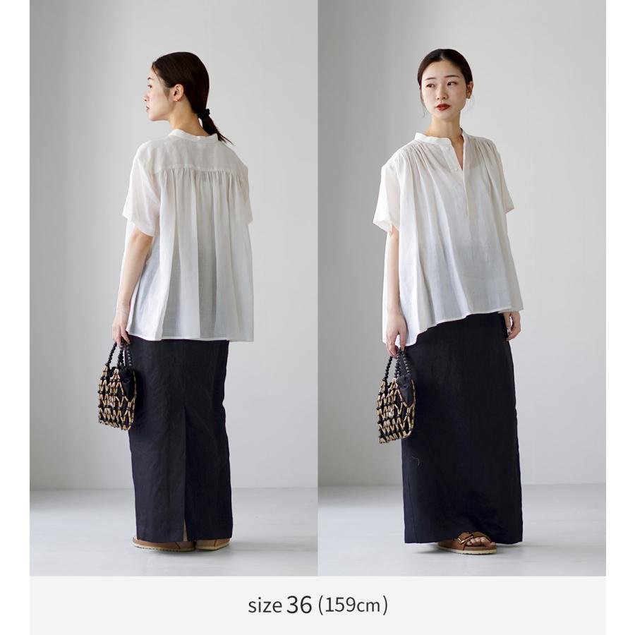 LE GLAZIK（ル グラジック） ラミー ギャザーショートシャツ / レディース ブラウス 半袖 フレア 麻 ノーカラー バンドカラーの画像