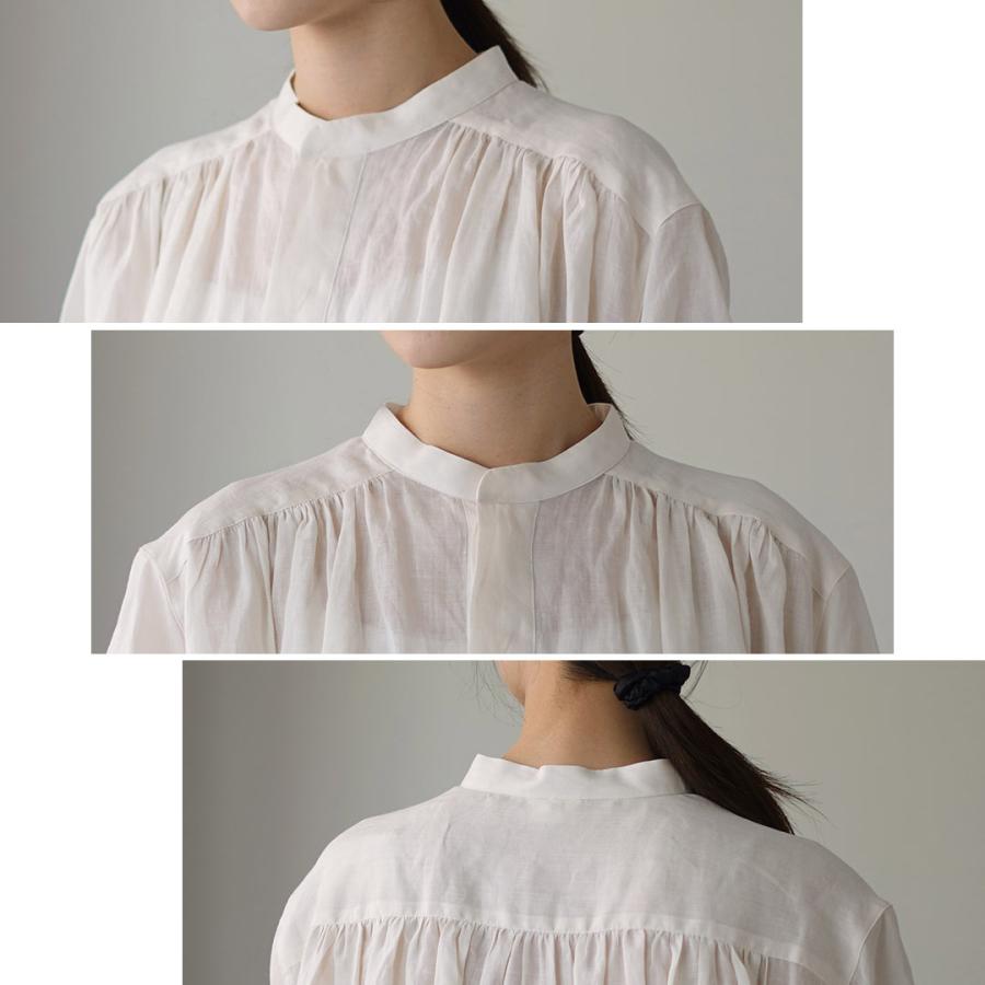 LE GLAZIK（ル グラジック） ラミー ギャザーショートシャツ / レディース ブラウス 半袖 フレア 麻 ノーカラー バンドカラーの画像