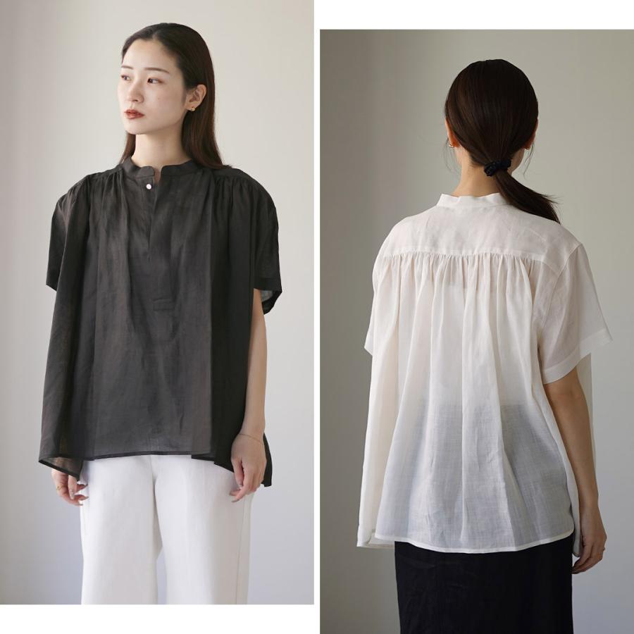 LE GLAZIK（ル グラジック） ラミー ギャザーショートシャツ / レディース ブラウス 半袖 フレア 麻 ノーカラー バンドカラーの画像