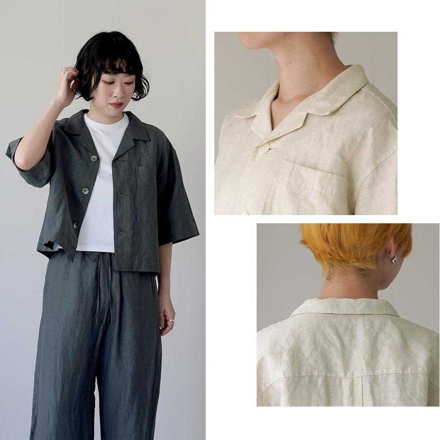 LE GLAZIK（ル グラジック） リネンレーヨン オープンカラー シャツ / レディース ブラウス 半袖 五分袖 麻の画像