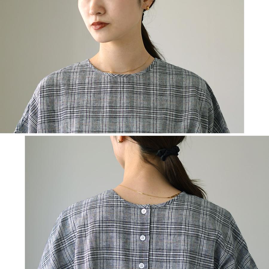 02253-0051 リネングレンチェック半袖シャツ mao made（マオメイド） グレンチェック ブラウス / シャツ 半袖 五分
