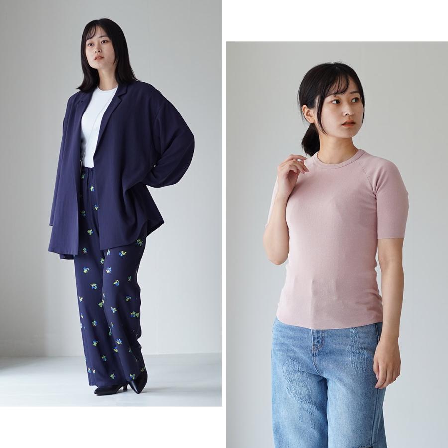 45R コットン リネン 半袖ニット　霜降り　R刺繍　後ろスリット RYE TENDER（ライテンダー） MARAN TOP 5分袖 リブトップス / Tシャツ