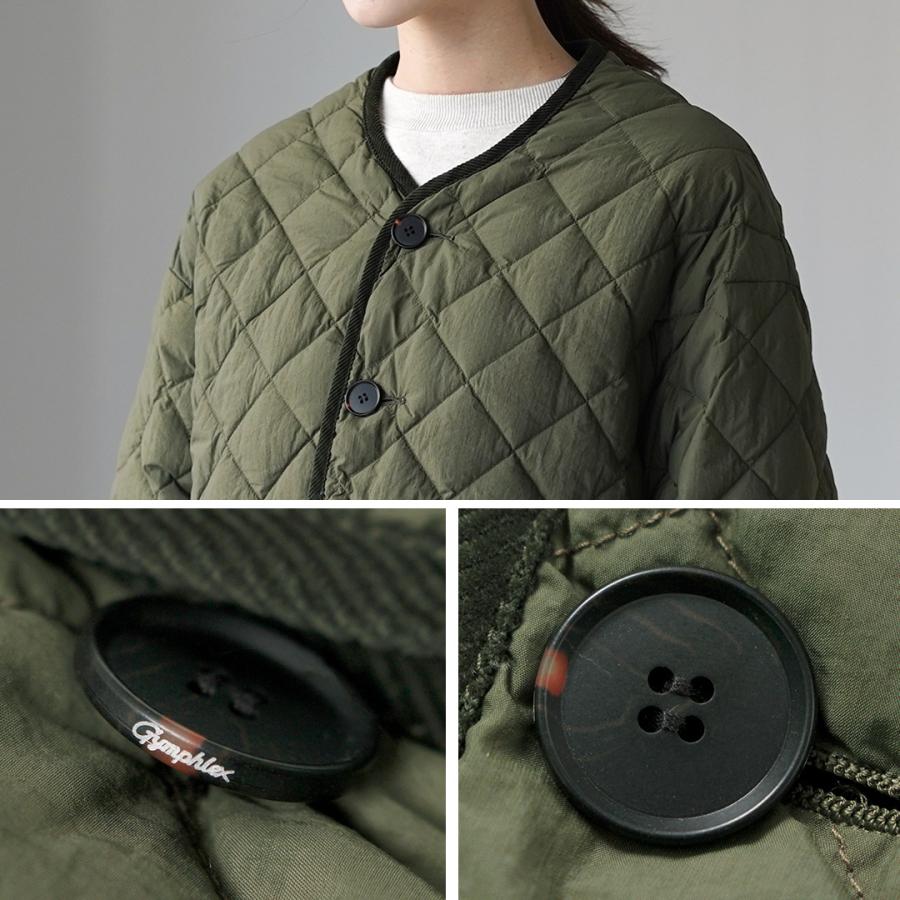 美品 ジムフレックス キルトダウンカラーレスジャケット 防寒 カーキ ノーカラー GYMPHLEX（ジムフレックス） ノーカラー キルトジャケット ショート