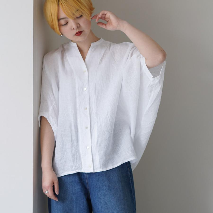 mizuiro ind（ミズイロインド） リネンスタンドカラー コクーンシャツ 日本製 / レディース ブラウス 半袖 無地の画像