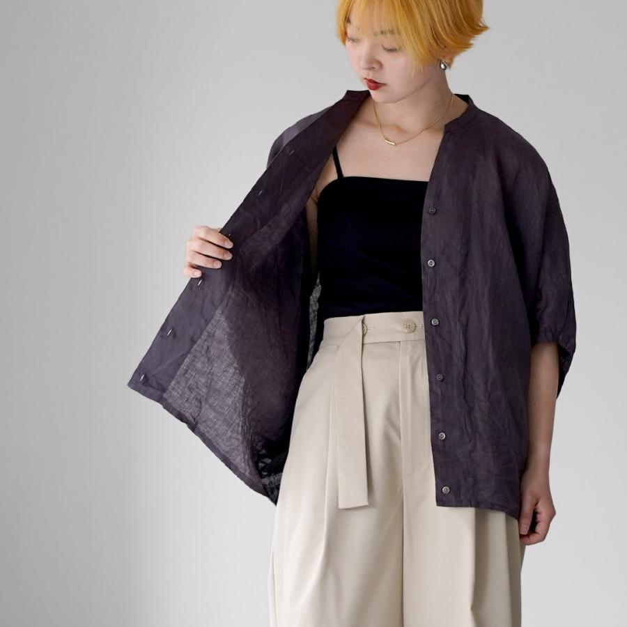 mizuiro ind（ミズイロインド） リネンスタンドカラー コクーンシャツ 日本製 / レディース ブラウス 半袖 無地の画像