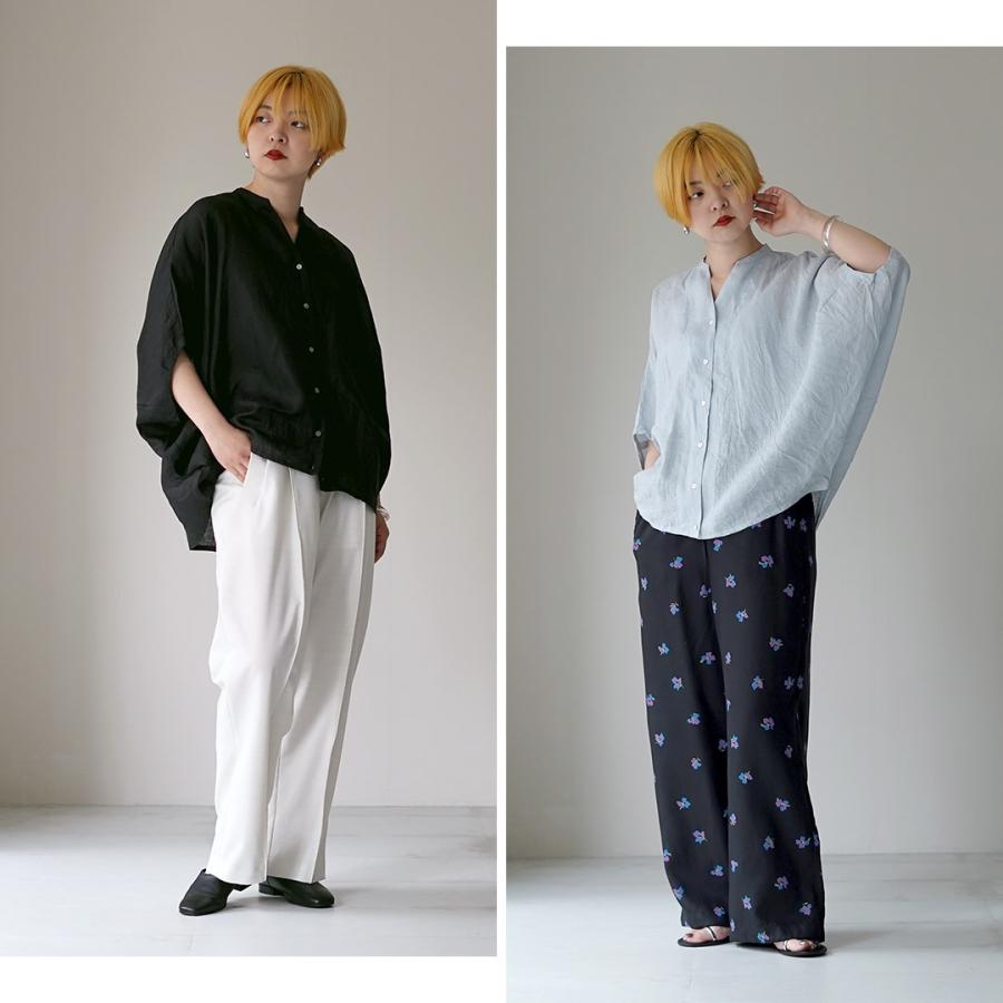 mizuiro ind（ミズイロインド） リネンスタンドカラー コクーンシャツ 日本製 / レディース ブラウス 半袖 無地の画像