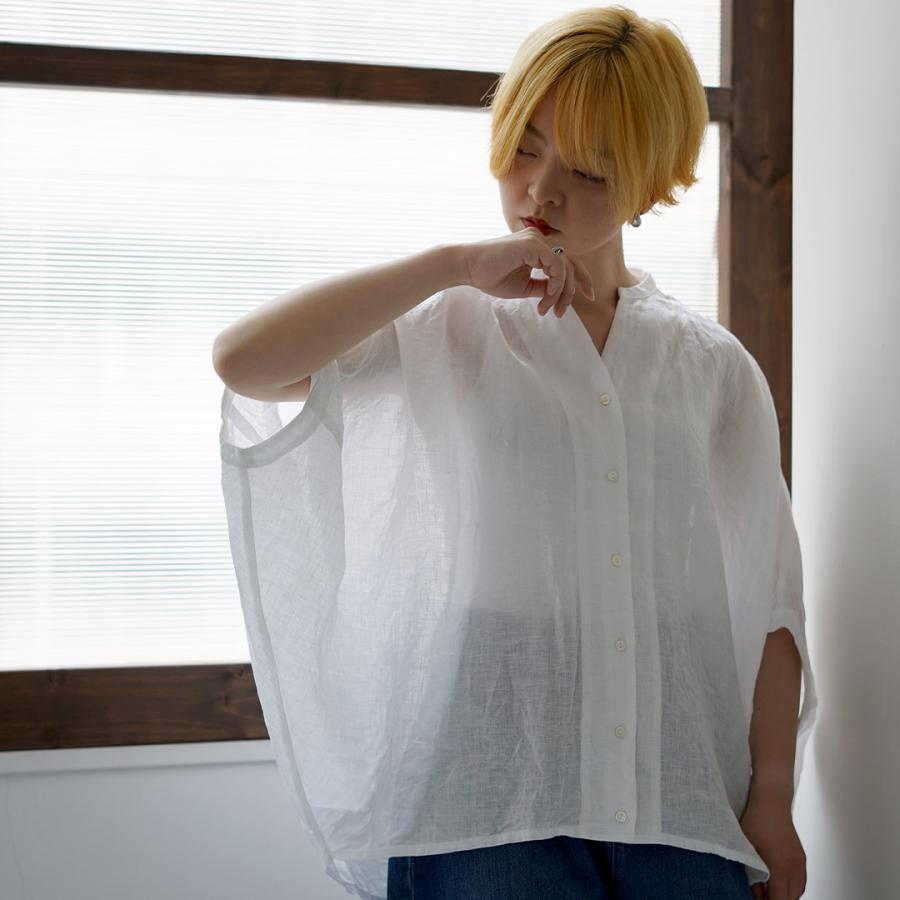 mizuiro ind（ミズイロインド） リネンスタンドカラー コクーンシャツ 日本製 / レディース ブラウス 半袖 無地の画像
