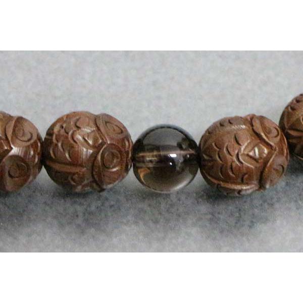 数珠 男性用 黄楊(柘植) 梟（ふくろう）彫20玉/茶水晶仕立　正絹下網紐房/桐箱入_2