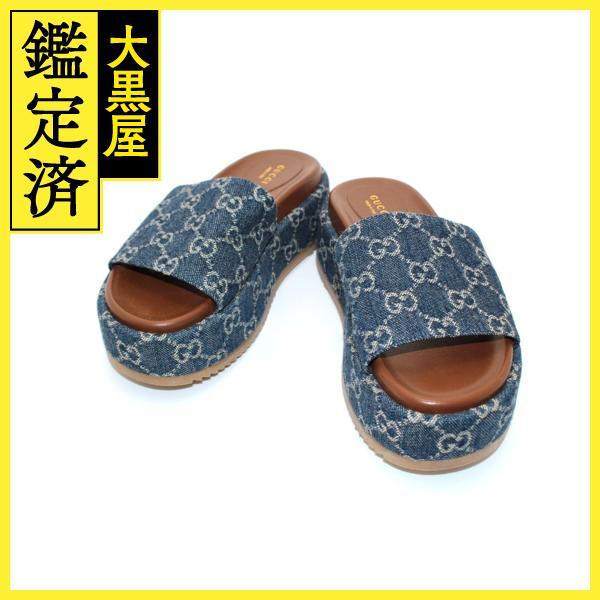 GUCCI グッチ プラットフォーム スライドサンダル レディース36 ブルー 