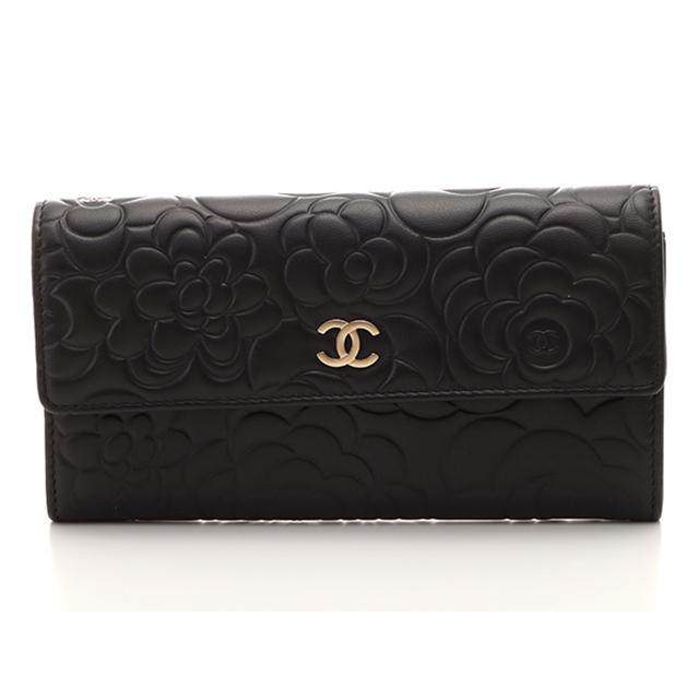 正規品・綺麗　CHANEL ラムスキン カメリア 長財布 二つ折り CHANEL（シャネル） カメリア二つ折り長財布 ブラック/GP ラムスキン