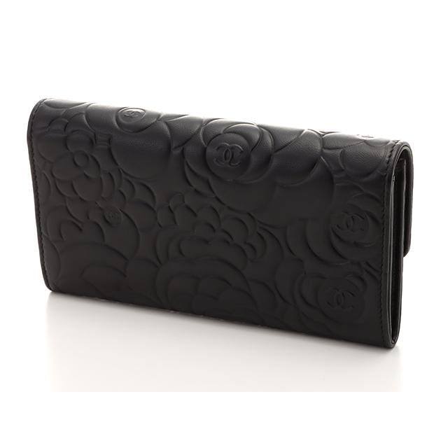 CHANEL（シャネル） カメリア二つ折り長財布 ブラック/GP ラムスキン