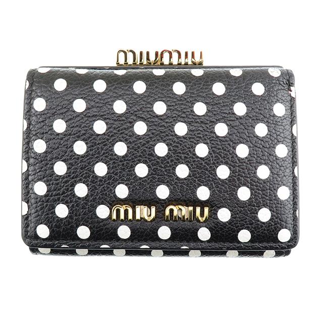 Miu ミュウ 三つ折がま口財布 5ME005 ドット柄 レザー ブラック 三