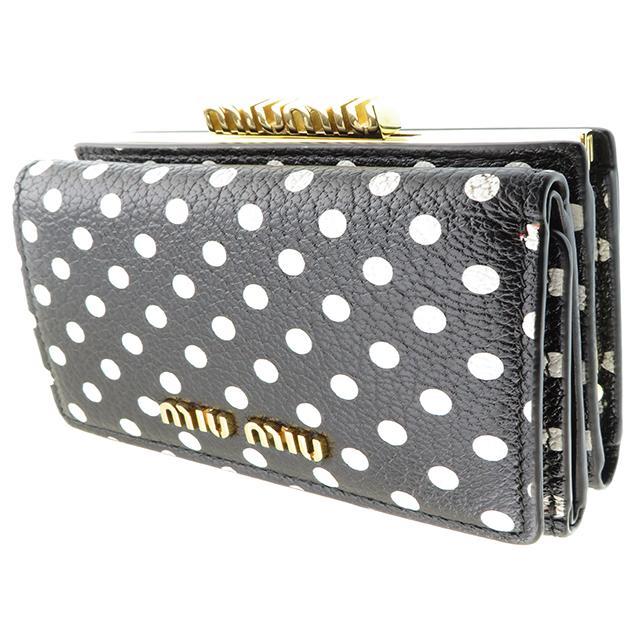 Miu ミュウ 三つ折がま口財布 5ME005 ドット柄 レザー ブラック 三
