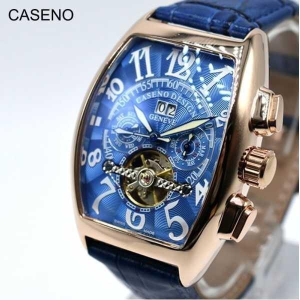 Caseno メンズ自動機械式 クロノグラフ 防水 ブルーレザーバンド