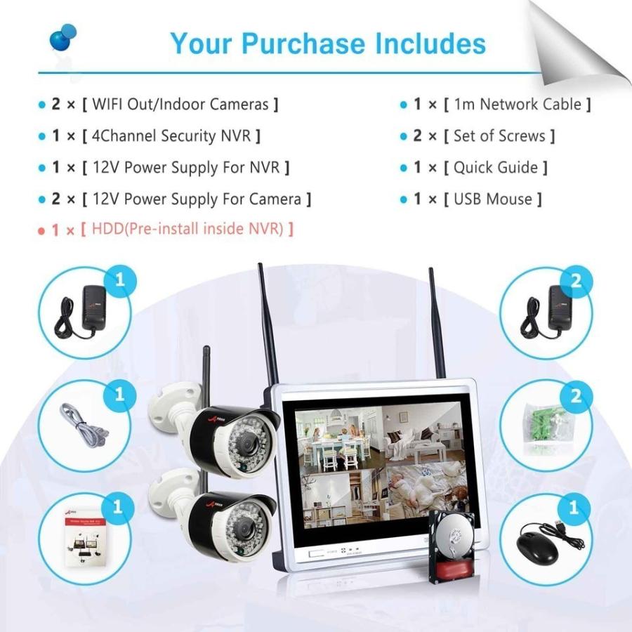 防犯カメラ ワイヤレスカメラキット 12インチモニター 2 個 1080P HD