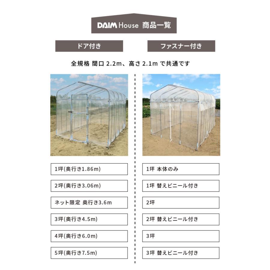 F*m様 ビニールハウス　ダイムハウス　3坪　2棟セット　※写真は1棟分　滋賀県 DAIM ダイムハウス 3坪用 ファスナータイプ替えビニール 屋根用