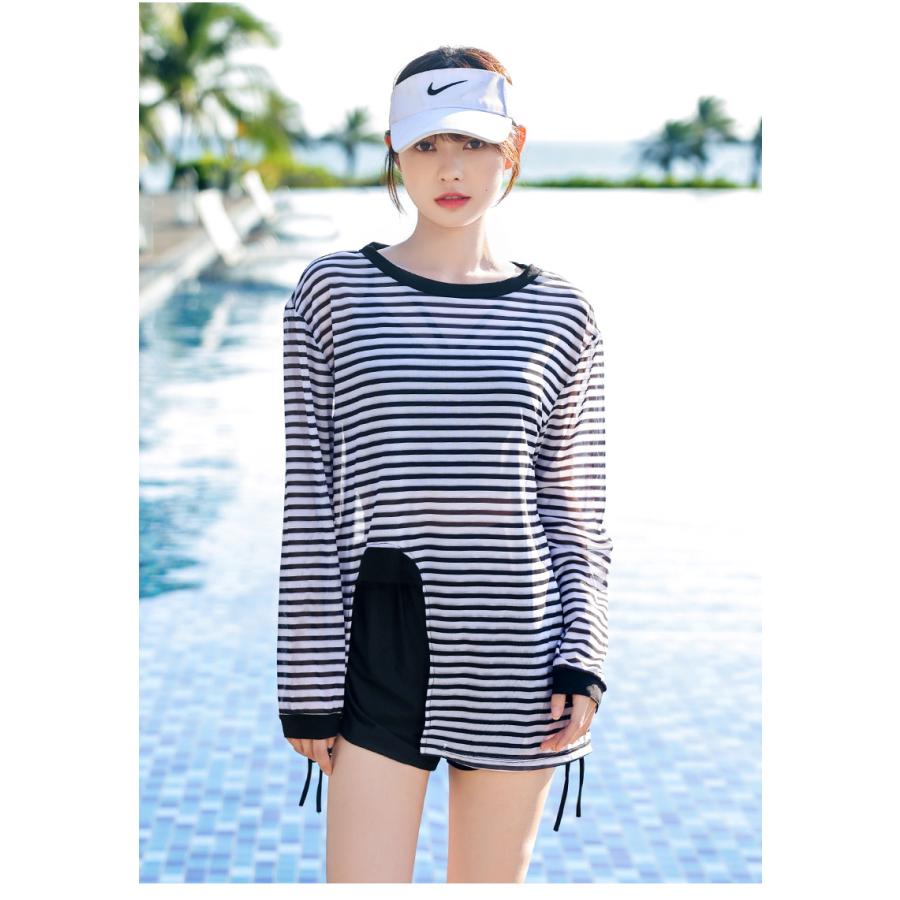 送料無料 タンキニ 水着 レディース 体型カバー 長袖シャツ ラッシュガード ハーフパンツ 3点セット ビキニ セパレート オーバーサイズ ボーダー |  | 03