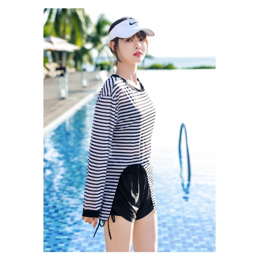 送料無料 タンキニ 水着 レディース 体型カバー 長袖シャツ ラッシュガード ハーフパンツ 3点セット ビキニ セパレート オーバーサイズ ボーダー |  | 04