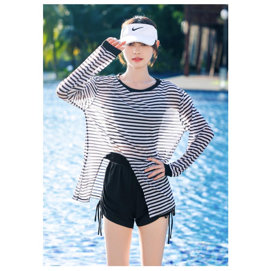 送料無料 タンキニ 水着 レディース 体型カバー 長袖シャツ ラッシュガード ハーフパンツ 3点セット ビキニ セパレート オーバーサイズ ボーダー |  | 08