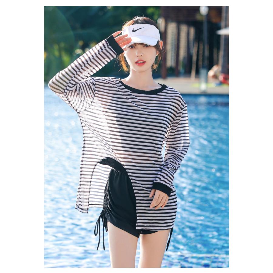 送料無料 タンキニ 水着 レディース 体型カバー 長袖シャツ ラッシュガード ハーフパンツ 3点セット ビキニ セパレート オーバーサイズ ボーダー |  | 09