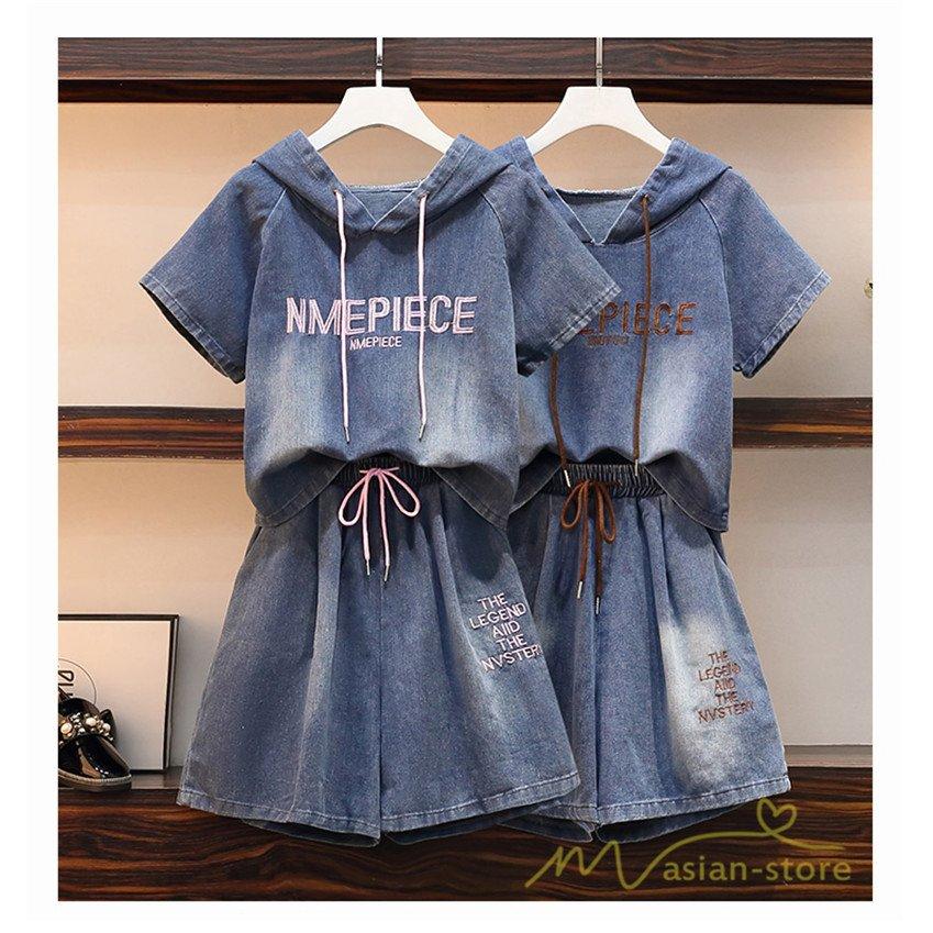 セットアップ レディース パーカー 半袖 フード付き プルオーバー ショートパンツ デニム 2点セット 上下 トップス 夏 パンツ 夏服 カジュアル |  | 01
