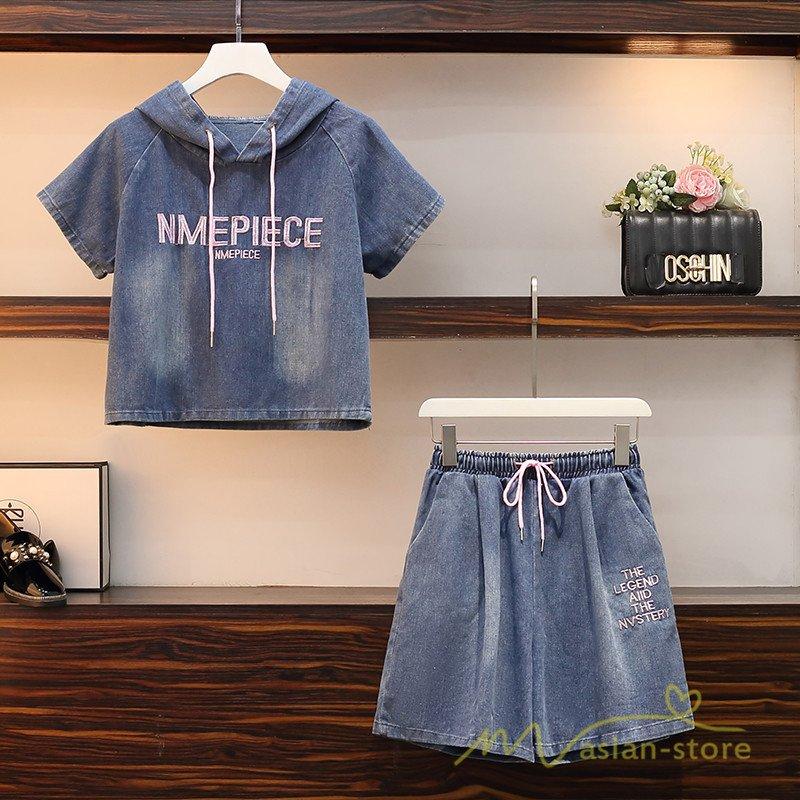 セットアップ レディース パーカー 半袖 フード付き プルオーバー ショートパンツ デニム 2点セット 上下 トップス 夏 パンツ 夏服 カジュアル |  | 02