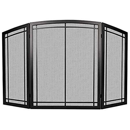 FireBeauty 暖炉用スクリーン ハンドル付き3パネル 錬鉄ブラックメタル 長さ48インチ x 高さ30インチ スパークガードカバー(モダン)