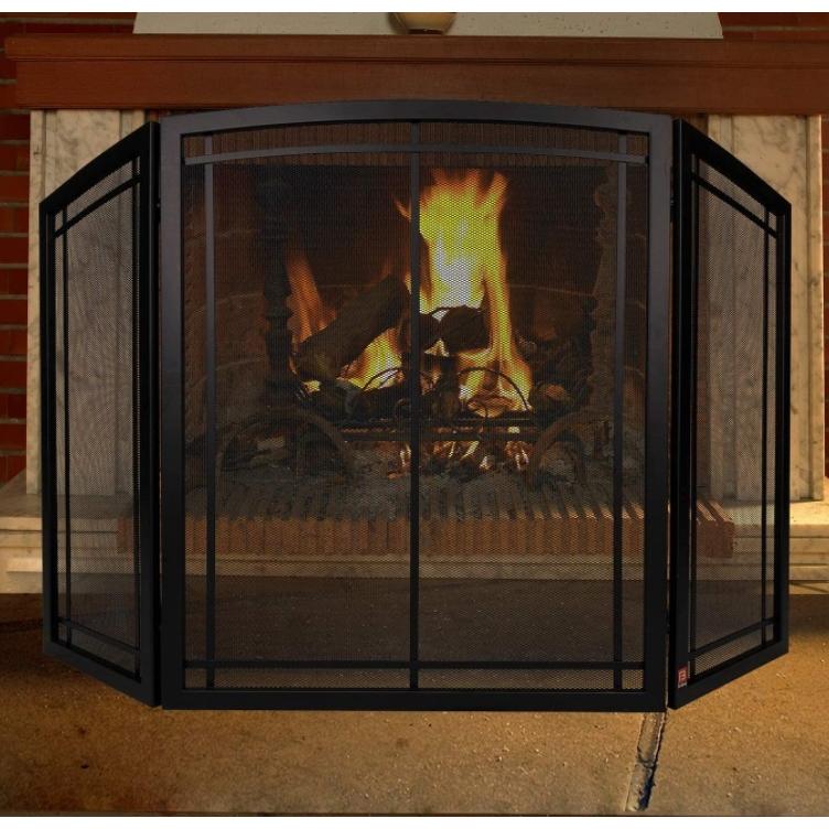 FireBeauty 暖炉用スクリーン ハンドル付き3パネル 錬鉄ブラックメタル 長さ48インチ x 高さ30インチ スパークガードカバー(モダン) 