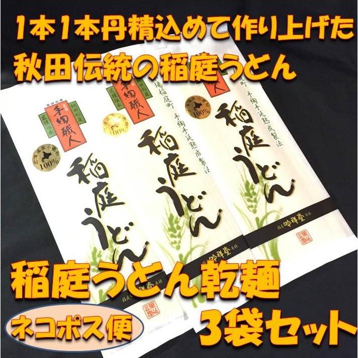 稲庭うどん お歳暮 贈り物 お土産 贈答 秋田     手縫職人稲庭うどん 乾麺 3袋セット ネコポス便 代引き不可｜daisenomiyageya