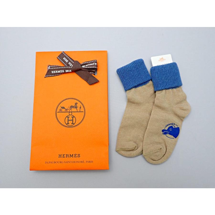 HERMES エルメス パスパス ベビー ソックス 靴下 ブラウンxブルー 