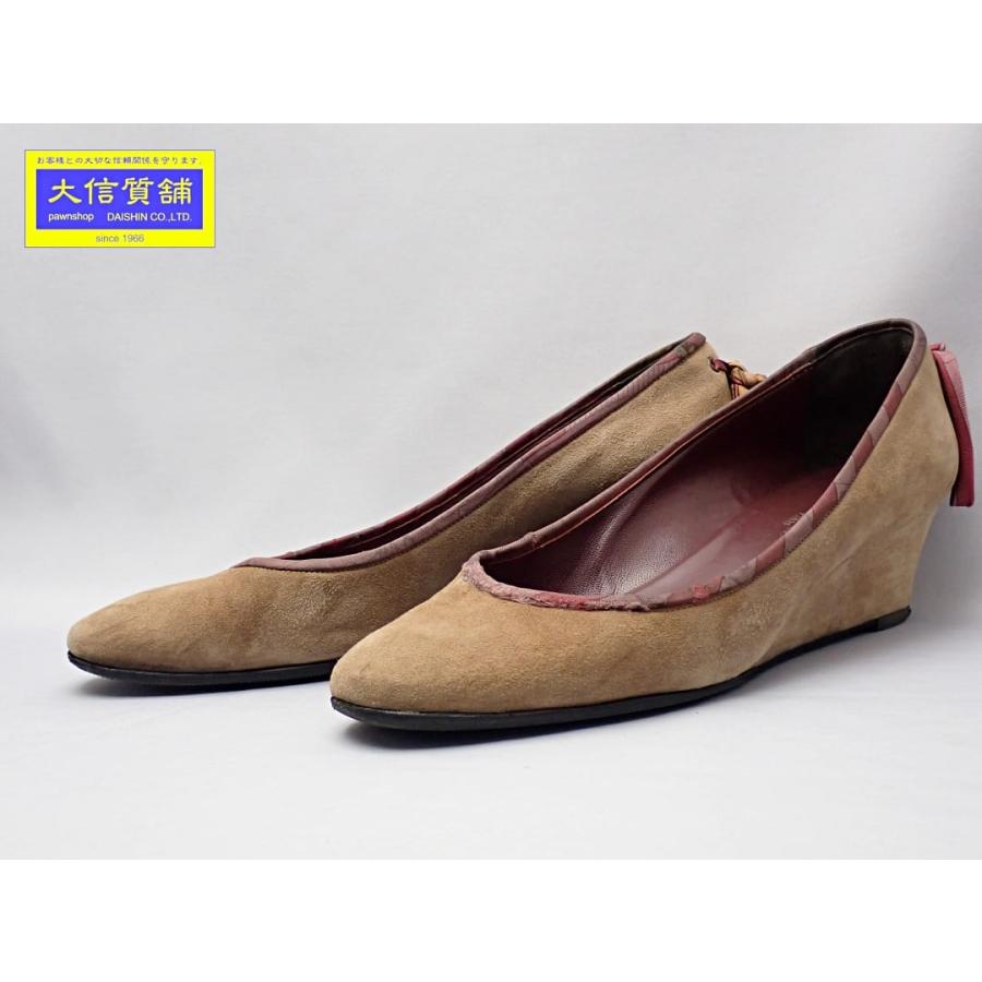 HERMES エルメス パンプス レディース37 スエード ブラウン リボン  