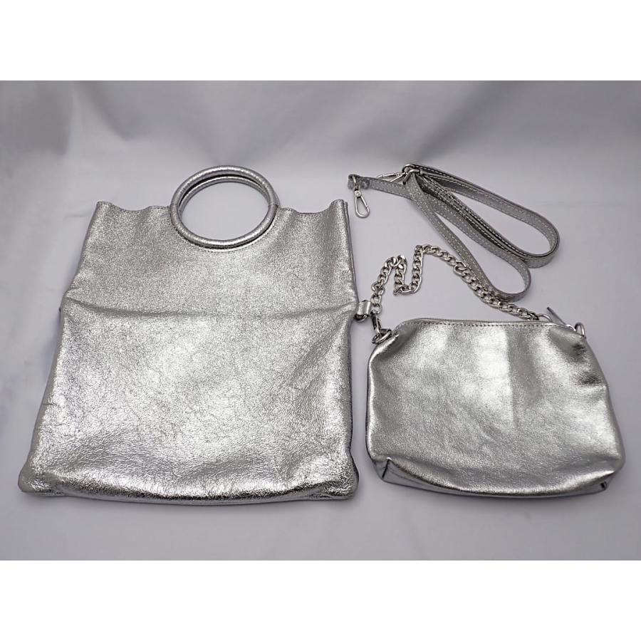 LAURA DI MAGGIO ローラディマッジオ ２WAY ショルダーバッグ チェーンストラップポーチ付き シルバーメタリック 中古B 【送料無料】 A-8870の画像