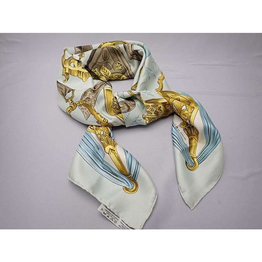 HERMES（エルメス） シルクスカーフ カレ90 ライトブルーxゴールド