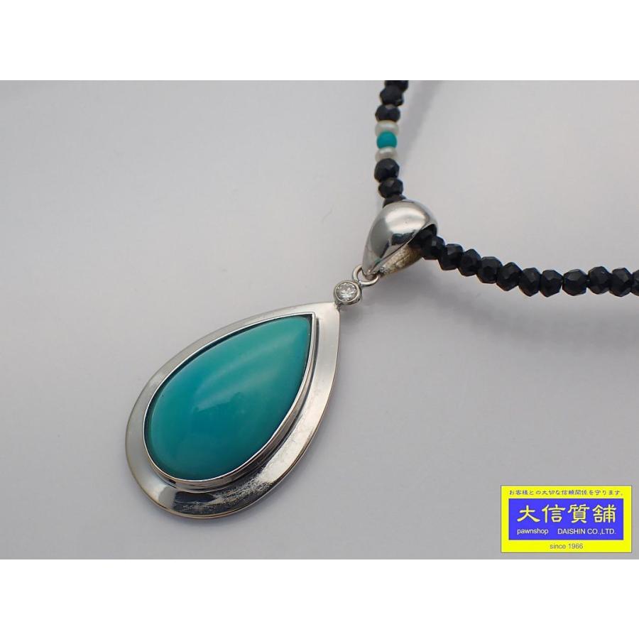 K18WG ホワイトゴールド トルコ石ペンダント ブラックスピネル ビーズチェーン ネックレス 40cm 5.28ct ダイヤ0.04ct 9.5g 中古B+  C-8596