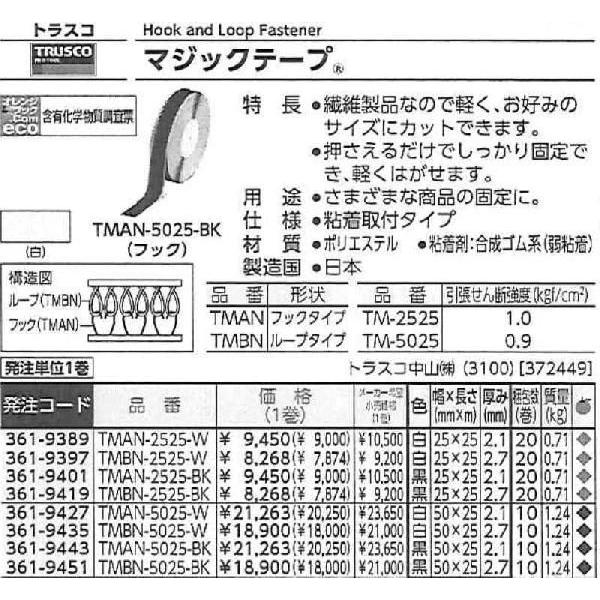 トラスコ中山　マジックテープ　糊付A側　黒　TMAN-5025-BK　幅50mmX長さ25m　[A201201]