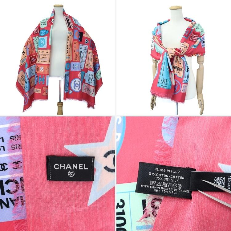 【極美品】CHANEL ストール ショール スカーフ ココマーク チケットデザイン 大判 ピンク マルチカラー コットン シルク レディース 5561235m