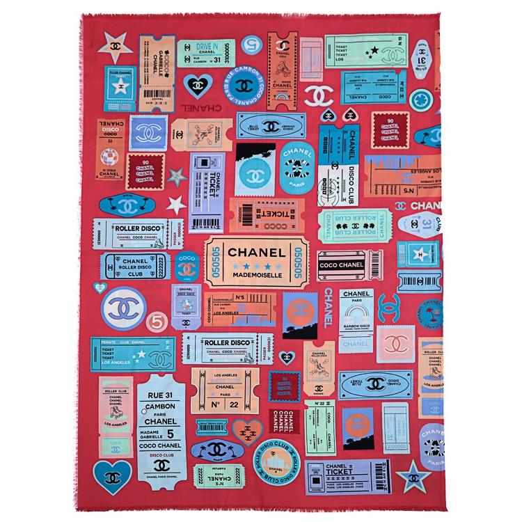 【極美品】CHANEL ストール ショール スカーフ ココマーク チケットデザイン 大判 ピンク マルチカラー コットン シルク レディース 5561235m
