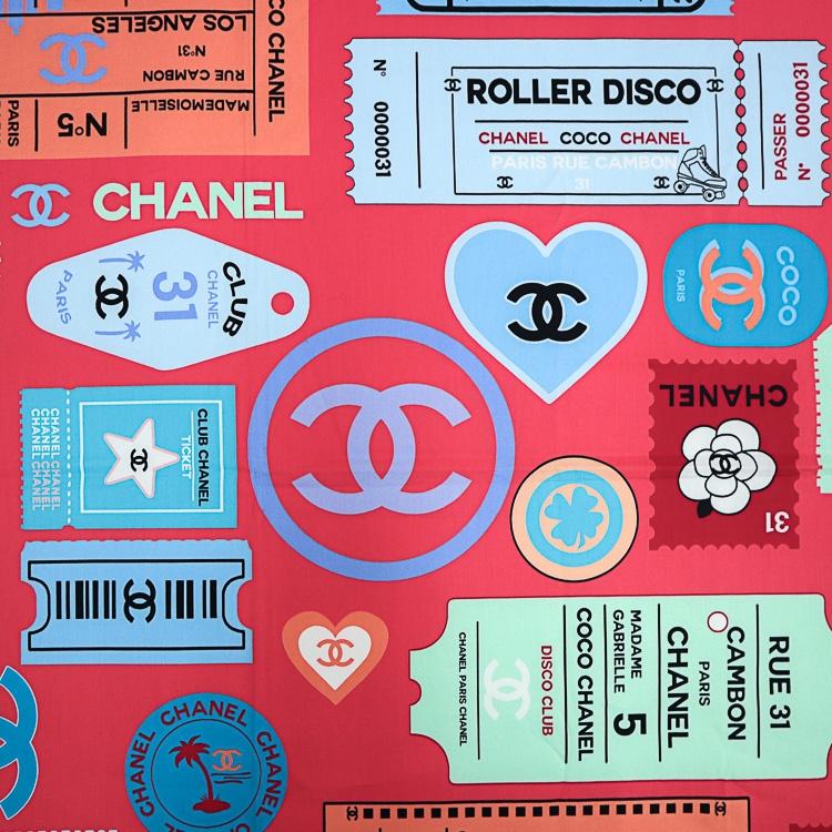 【極美品】CHANEL ストール ショール スカーフ ココマーク チケットデザイン 大判 ピンク マルチカラー コットン シルク レディース 5561235m