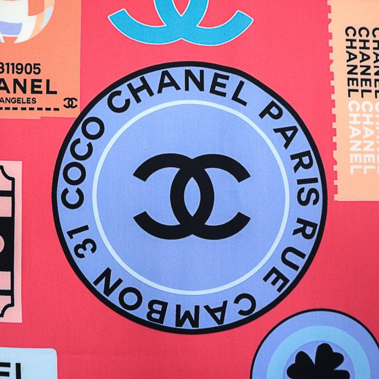 【極美品】CHANEL ストール ショール スカーフ ココマーク チケットデザイン 大判 ピンク マルチカラー コットン シルク レディース 5561235m