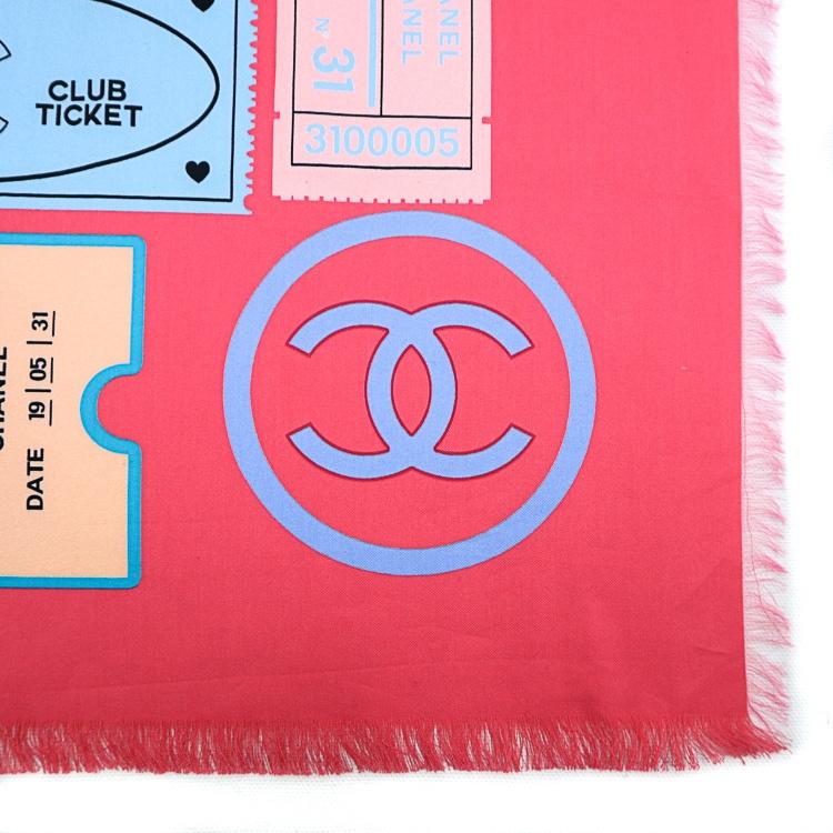 【極美品】CHANEL ストール ショール スカーフ ココマーク チケットデザイン 大判 ピンク マルチカラー コットン シルク レディース 5561235m
