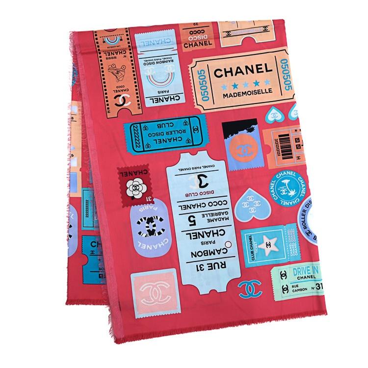 【極美品】CHANEL ストール ショール スカーフ ココマーク チケットデザイン 大判 ピンク マルチカラー コットン シルク レディース 5561235m