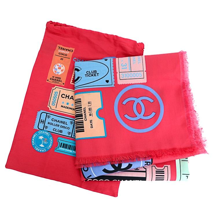 【極美品】CHANEL ストール ショール スカーフ ココマーク チケットデザイン 大判 ピンク マルチカラー コットン シルク レディース 5561235m
