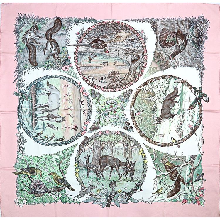 HERMES エルメス カレ90 四季 大判スカーフ シルク タグ付き ピンク HERMES（エルメス） 【美品】HERMES カレ90 大判スカーフ LES QUATRE