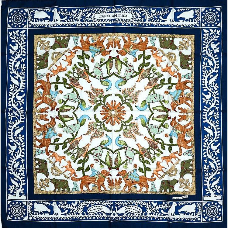【極美品】エルメス カレ90 アーリーアメリカ マルチカラー ヴィンテージ HERMES（エルメス） 【美品】 カレ90 大判スカーフ EARLY AMERICA 古き