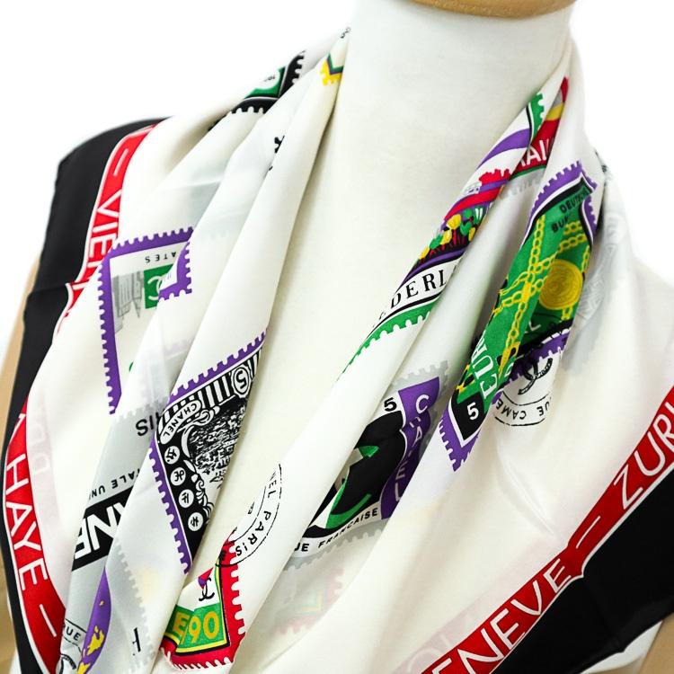 中古】シャネル 切手柄 スカーフ シルク 100％ ブラック ホワイト