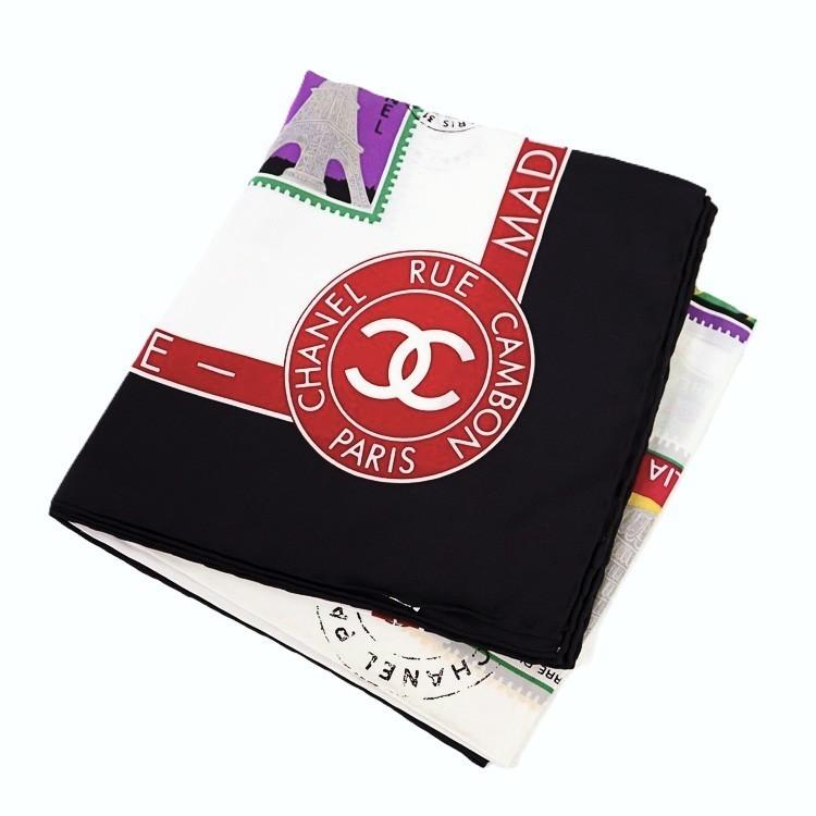 中古】シャネル 切手柄 スカーフ シルク 100％ ブラック ホワイト