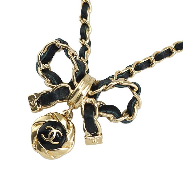 【極美品】CHANEL ネックレス ココマーク レザー リボン A22A ラムスキン GP ゴールド ブランド小物 シャネル 6168979m【中古】の画像