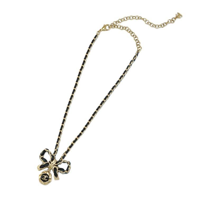 【極美品】CHANEL ネックレス ココマーク レザー リボン A22A ラムスキン GP ゴールド ブランド小物 シャネル 6168979m【中古】の画像