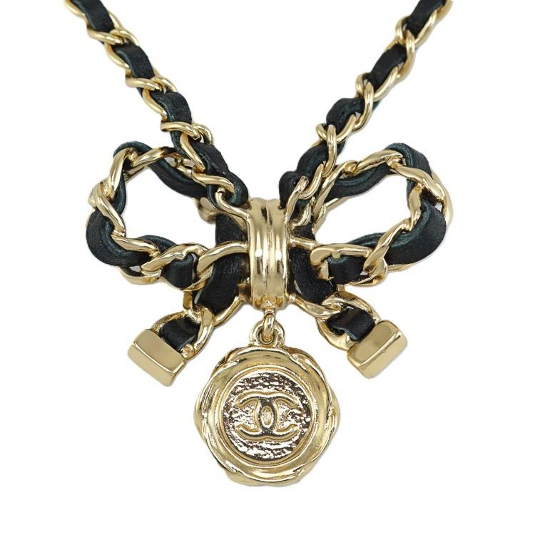 【極美品】CHANEL ネックレス ココマーク レザー リボン A22A ラムスキン GP ゴールド ブランド小物 シャネル 6168979m【中古】の画像